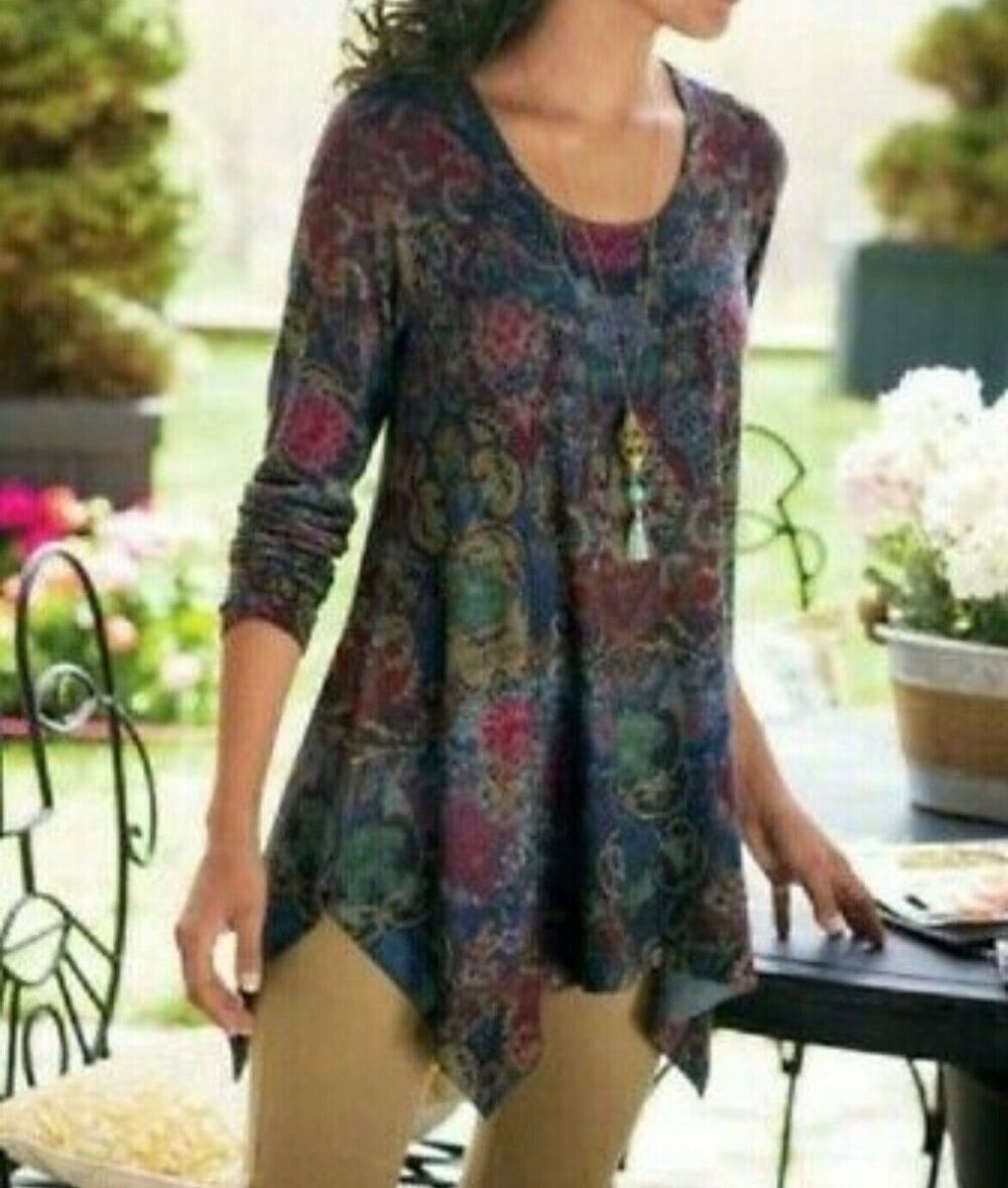 Soft Surroundings Floral Tunic Top Women Sharkbite Dark Size Small Long Sleeves